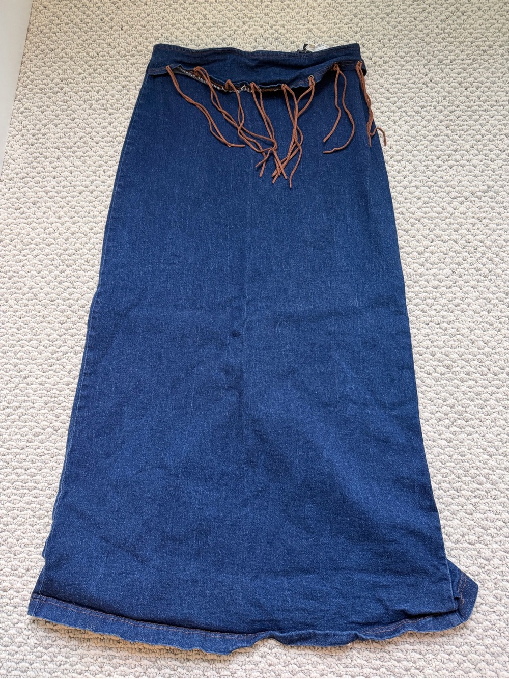 VTG Denim Maxi Skirt with Fringe Waist - Blue